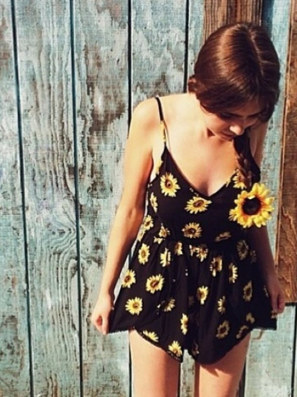 LF Rumor Black Yellow Sunflower Floral Print Romper Playsuit